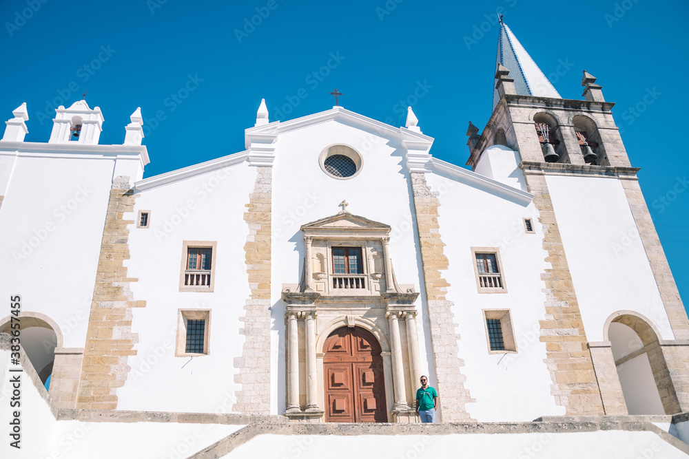 Entrance to the church. Large wooden door. beautiful landscape of a large and tall church built of white stone. church in portugal. church with a tower with bells