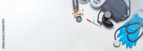 Different medical objects on white background. Health care. Top view. Place for text. Copy space. Banner