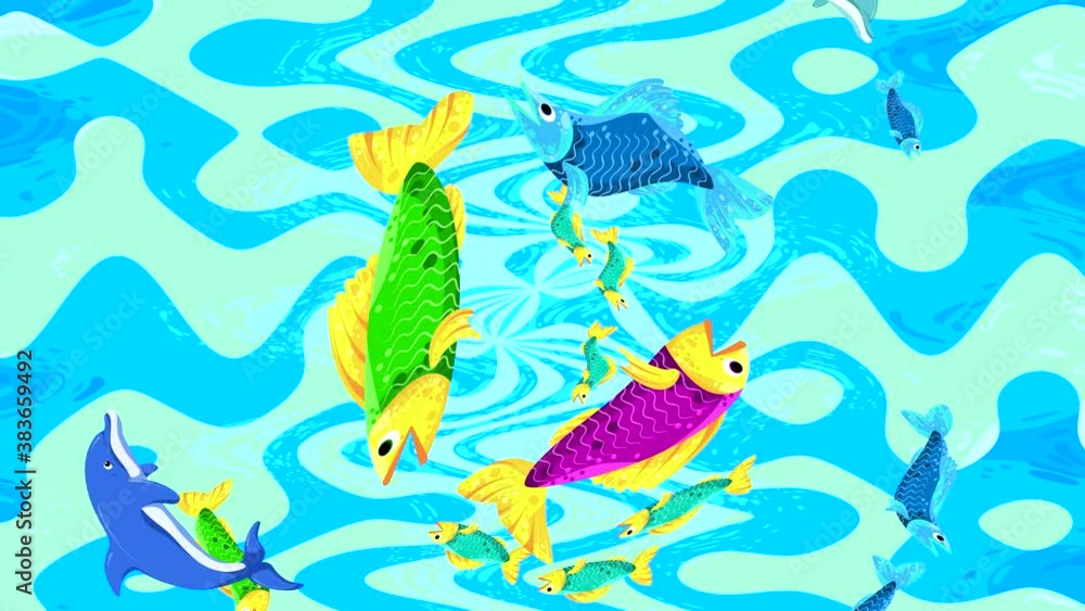 Abstract animation with colored waves and spinning fish. Looped 4K video with marine animals.
Abstract animation with colored waves and spinning fish. Looped 4K video with marine animals.