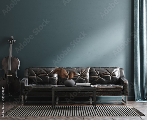 Home interior mock-up with leather sofa, table and cello near wall, 3d render