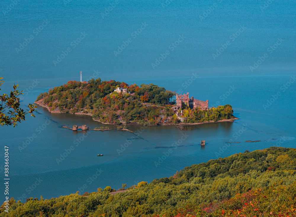 View of Pollepel Island (also known as Bannerman's Island) in the Hudson River from the Breakneck Ridge hiking trail near Cold Spring, New York