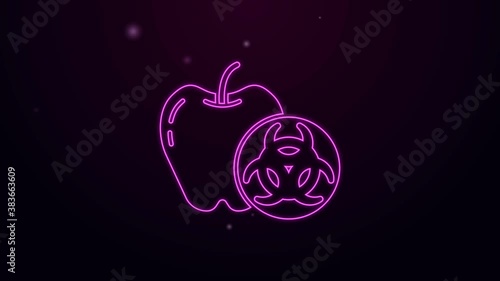 Glowing neon line Genetically modified apple icon isolated on black background. GMO fruit. 4K Video motion graphic animation.