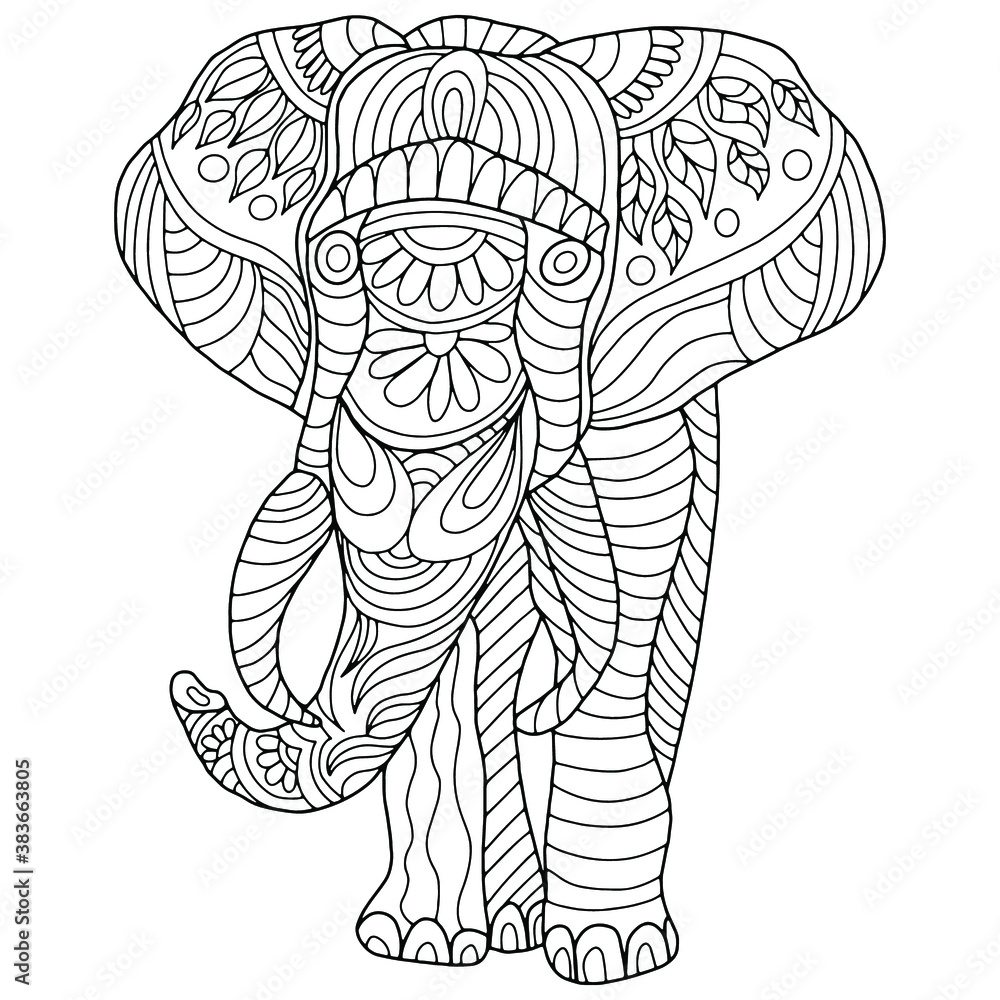 Fototapeta premium elephant drawn with abstract ornaments on a white background for coloring, vector, animals