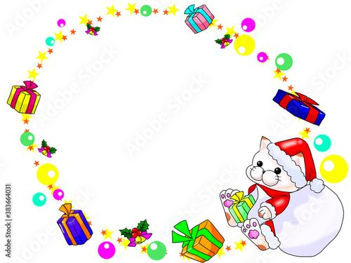 サンタクロースの格好をした猫とカラフルなクリスマスモチーフで描かれたフレーム・背景