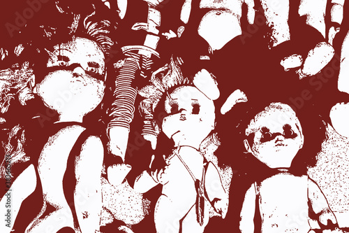 Fairy, spooky, frightening background for halloween consisting of many abandoned dolls in bloody red colors