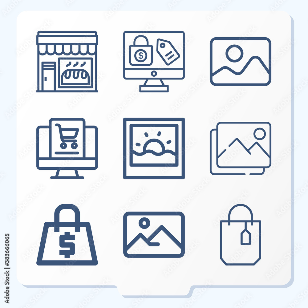 Simple set of 9 icons related to booth