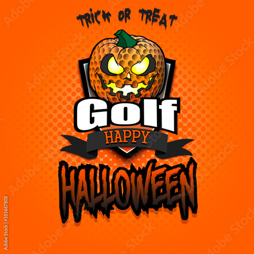 Happy Halloween. Template golf design. Logo golf ball in the form of a pumpkin on an isolated background. Pattern for banner  poster  greeting card  flyer  party invitation. Vector illustration