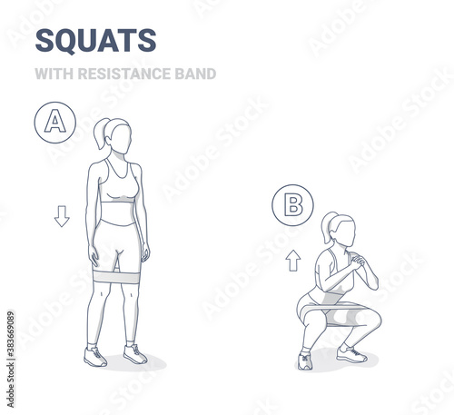 Squats with Resistance Band Female Home Workout Exercise Guidance.