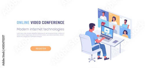 Online video conference isometric vector illustration 