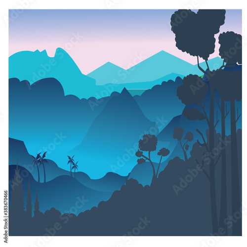 night forest mountain landscape illustration  flat vector design background