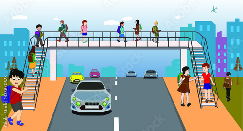 footbridge, overpass, children using pedestrian crossing. underpass. traffic education. traffic rules for children. Traffic signs. bridge