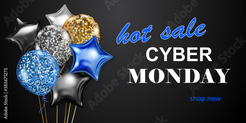 Cyber Monday sale banner with blue, golden and silver balloons on black background. Vector illustration for posters, flyers or cards.