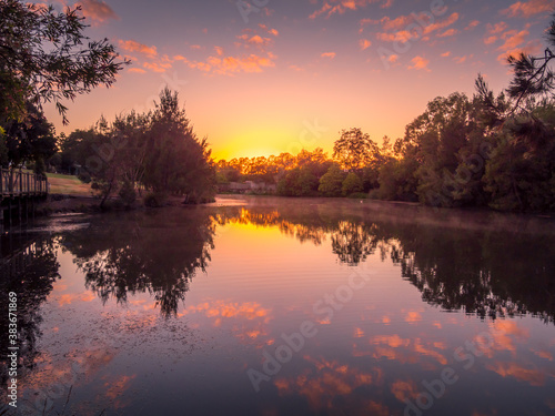Fototapeta Naklejka Na Ścianę i Meble -  Sunrise Reflections  on Pond with Trees