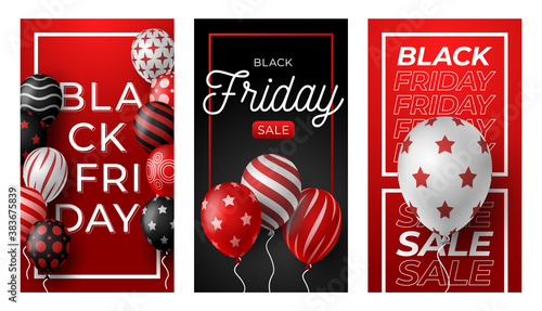 Black Friday vertical banner for stories. Vector Set of black friday theme social media stories post, 3d realistic black and red balloon banner cover frame template