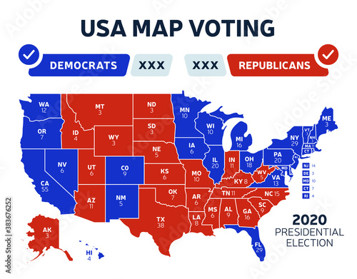 2024 USA Presidential election results map. Usa map voting. Presidential election map each state american electoral votes showing republicans or democrats political vector infographic