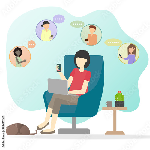 The Woman sit alone and using laptop and mobile phone. She call foreign friend for talking about the job. New normal concept for prevent corona virus infection.