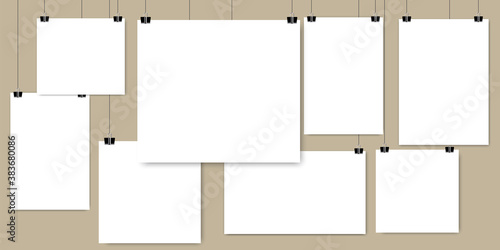 Sheets paper hanging on white background. Mockup photo vector frame illustration. White blank picture frame. Stock image.