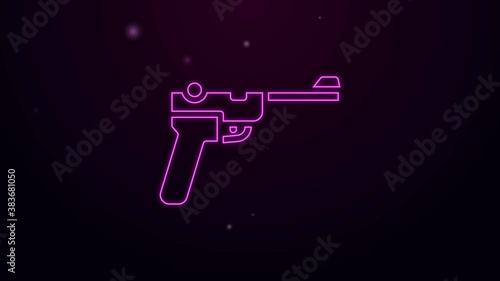 Glowing neon line Mauser gun icon isolated on black background. Mauser C96 is a semi-automatic pistol. 4K Video motion graphic animation. photo