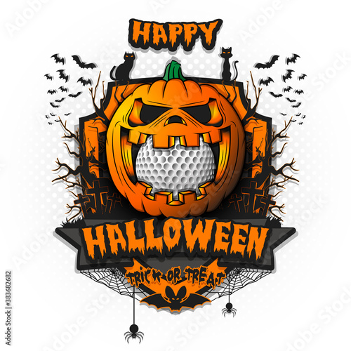 Happy Halloween. Golf ball inside frightening pumpkin. Cats, bats, spiders, trees, crosses. Design template for banner, poster, greeting card, flyer, party invitation. Vector illustration