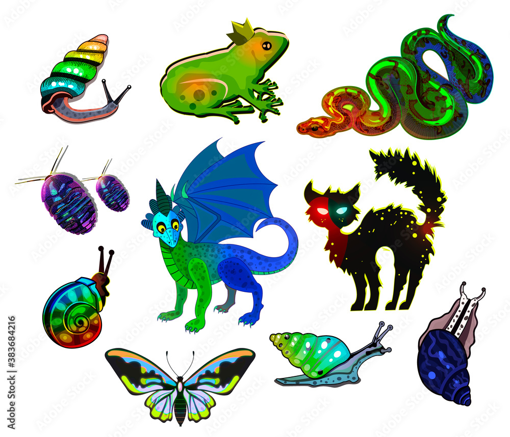 Set of vector objects. Magical creatures, enchanted animals. Ingredients. Magic potion: cat hair, dragon scales, cockroaches, snails, toads. Enchanted frog, black cat with glowing eyes. Monsters set.