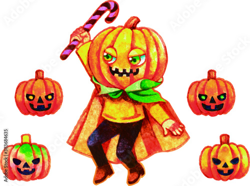ジャック・オー・ランタンとハロウィンの仮装をしている子ども