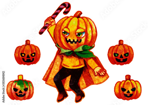 ジャック・オー・ランタンとハロウィンの仮装をしている子ども