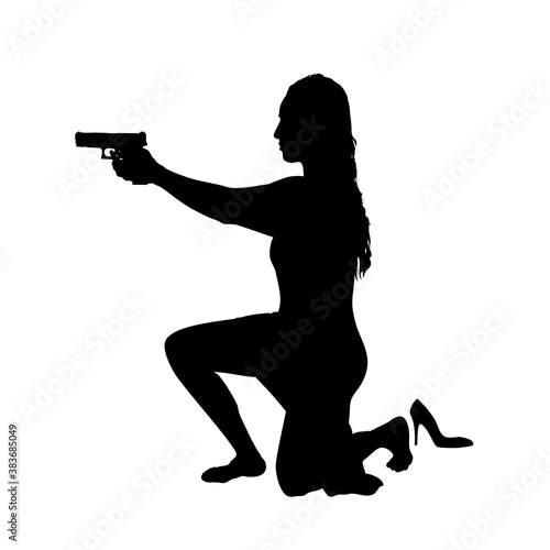 Girl shooting, female isolated silhouette. Beautiful woman spy in shootout. Heroine sit and aims, film action style. Vector illustration