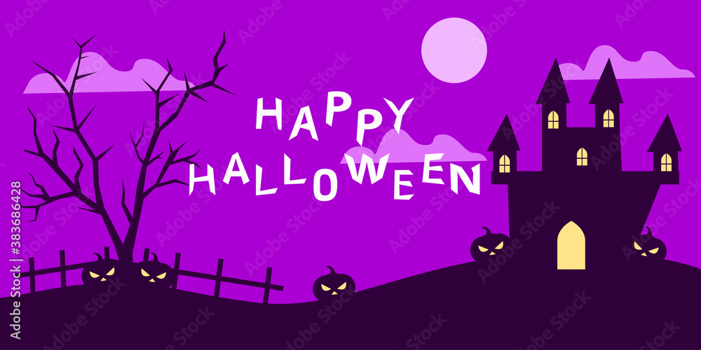 halloween celebration banner design. purple background for halloween celebration. castle and pumpkin illustration