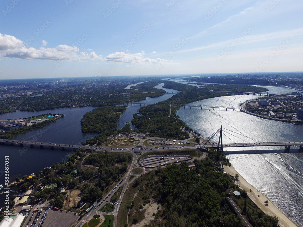 Moscow Bridge across Dnepr River, photo from drone. Kiev, Ukraine