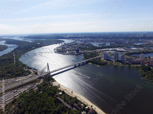 Moscow Bridge across Dnepr River, photo from drone. Kiev, Ukraine