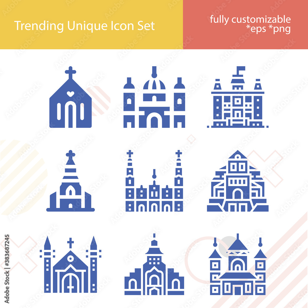 Simple set of cathedral related filled icons.