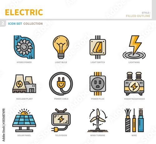 electric icon set,filled outline style,vector and illustration