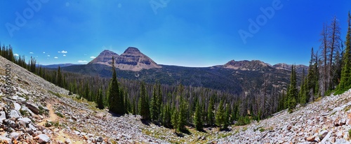 Lake Cuberant hiking trail views of ponds, forest and meadows with Bald Mountain Mount Marsell in Uinta Mountains from Pass Lake Trailhead, Utah, United States. photo