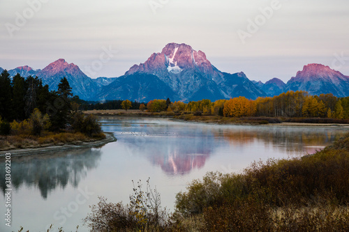Beautiful landscape of Oxbow Bend with the fall colors in Grand Teton National Park  Wyoming .