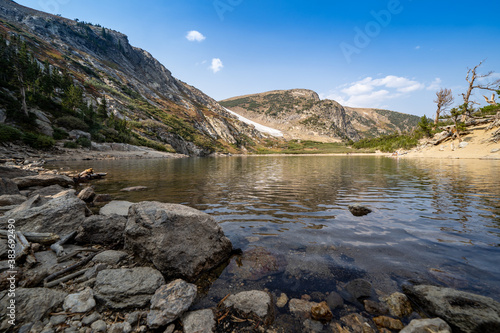 St Marys Lake and glacier in Colorado, wide angle view on a sunny day