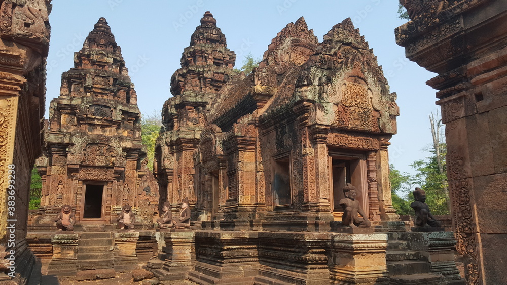 Naklejka premium Cambodia. Banteay Srei temple. A Hindu temple, built in the early 10th century from pink sandstone. With private funds. Siem Reap city. Siem Reap province.