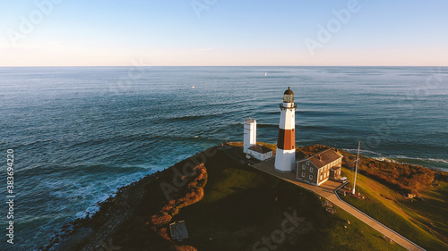 Aerial  Montauk Lighthouse Museum by the Atlantic,  Montauk Point Light at the easternmost point of Long Island, in the hamlet of Montauk in the Town of East Hampton in Suffolk County, New York. 