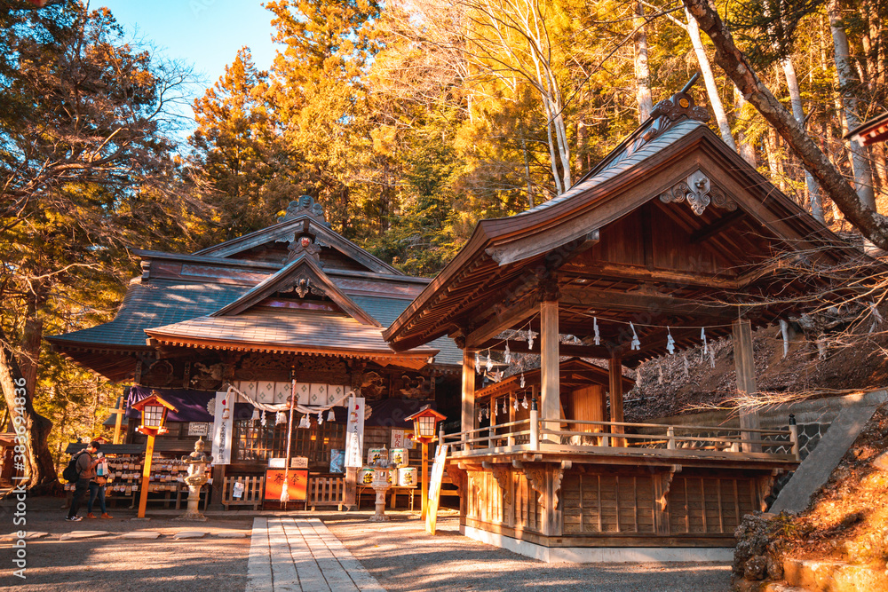 Beautiful view of mountain Fuji and Chureito pagoda, Fujiyoshida, Japan. Backgound of Fuji Autumn leaves during sunset with clear blue sky.