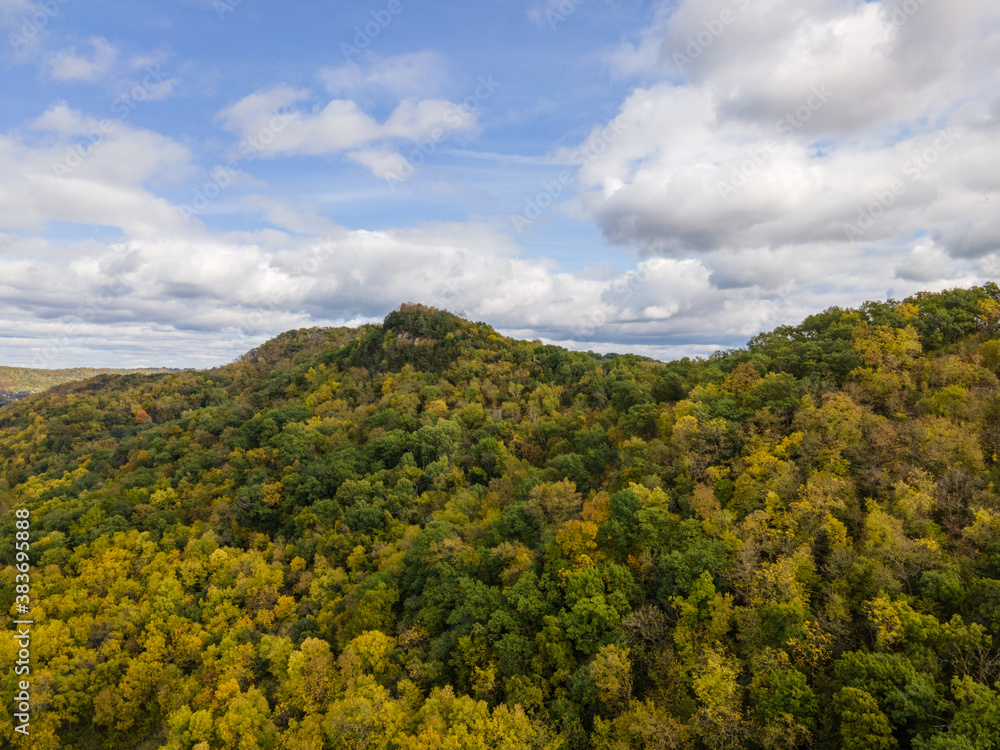 Obraz premium green forest in the mountains and bluffs of la Crosse Wisconsin during peak fall as the leaves change color