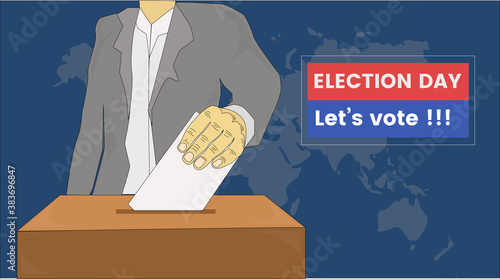 Election day concept vote man putting paper ballot in box flat design vector illustration 