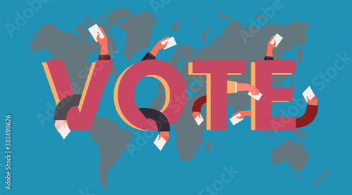 Election day concept vote word in alphabet with hands holding paper ballot vector flat design illustration