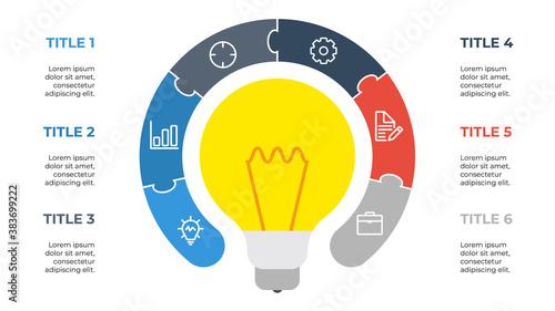 6 points circular puzzle infographic element vector with light bulb, cretive concept for steps, options, processes, business idea, etc