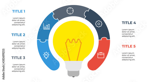 5 points circular puzzle infographic element vector with light bulb, cretive concept for steps, options, processes, business idea, etc