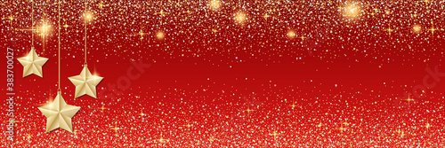 Christmas and New Year vector banner template. Red gradient vector background with stars and glitter effect