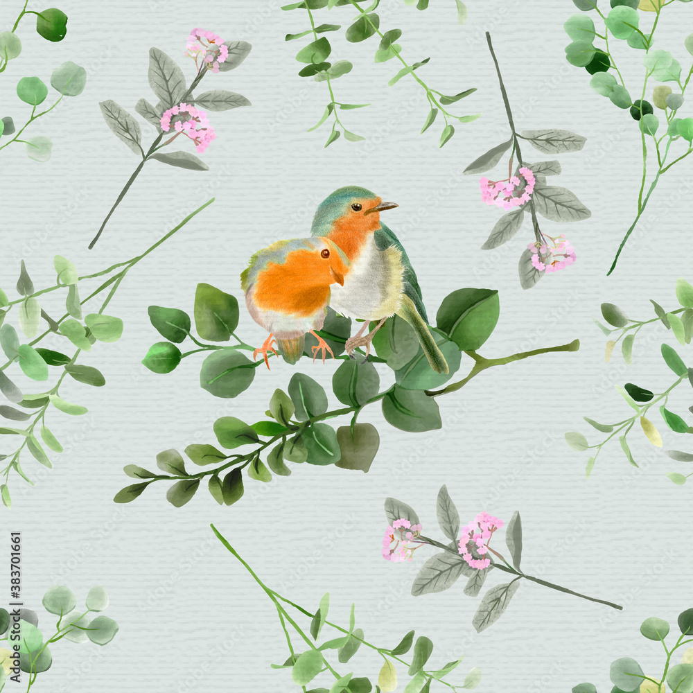 seamless pattern design with floral and bird illustration