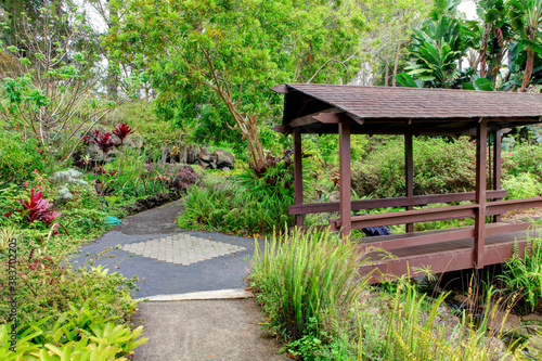 Kula Botanical Garden. Maui. Hawaii. Covered bridge. Tropical landscape.