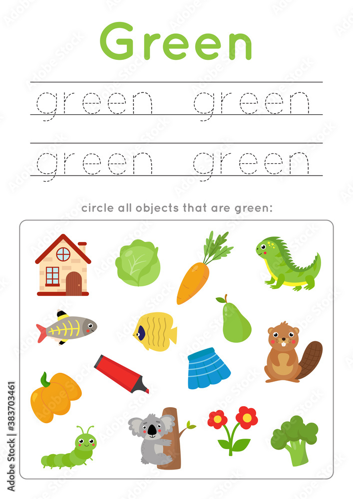 Learning green color for preschool kids. Writing practice.