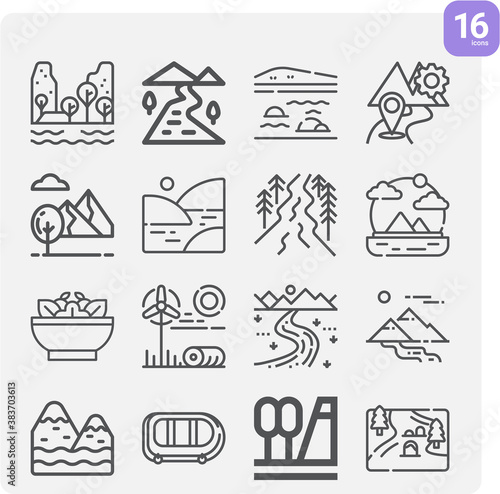 Simple set of mountain river related lineal icons.