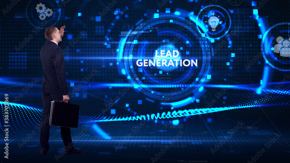 Business, technology, internet and network concept. Young businessman thinks over the steps for successful growth: Lead generation