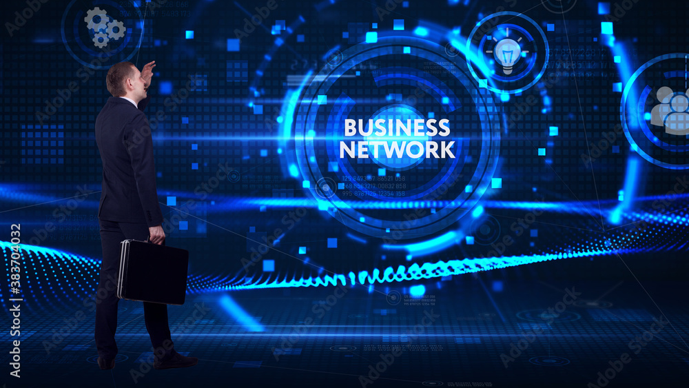 Business, technology, internet and network concept. Young businessman thinks over the steps for successful growth: Business network Business, technology, internet and network concept. Young businessman thinks over the steps for successful growth: Business network